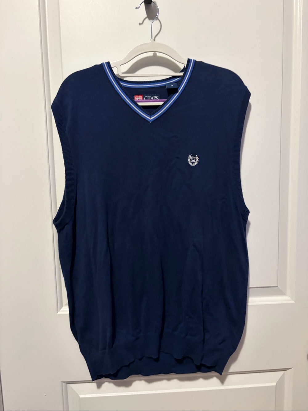 Chaps Navy V-Neck Sleeveless Sweater Vest with Light Blue Trim